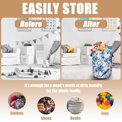 Blue Flower Bird Laundry Basket, Foldable Waterproof Laundry Hamper Tote Bag Dirty Clothes Storage Bucket Organizer for Bathroom/Laundry/Bedroom 15.7"x19.6" - color: Blue Bird Flower