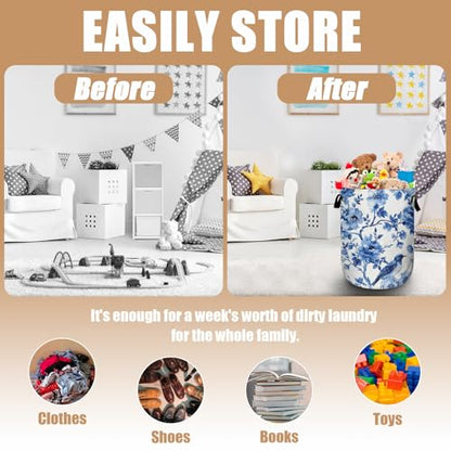 Blue Flower Bird Laundry Basket, Foldable Waterproof Laundry Hamper Tote Bag Dirty Clothes Storage Bucket Organizer for Bathroom/Laundry/Bedroom 15.7"x19.6" - color: Blue Bird Flower