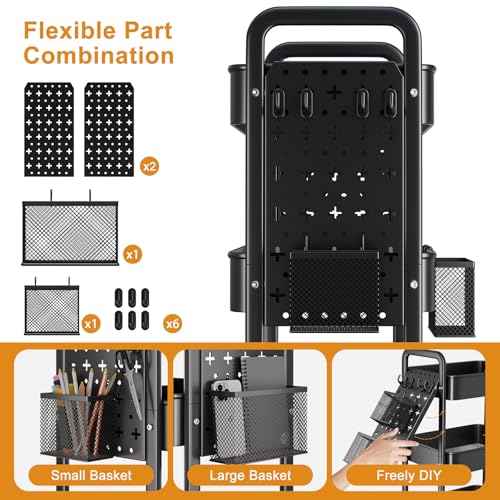 3 Tier Black Rolling Storage Cart Metal with DIY Pegboard and Wheels - color: Black