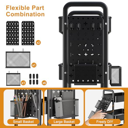 3 Tier Black Rolling Storage Cart Metal with DIY Pegboard and Wheels - color: Black
