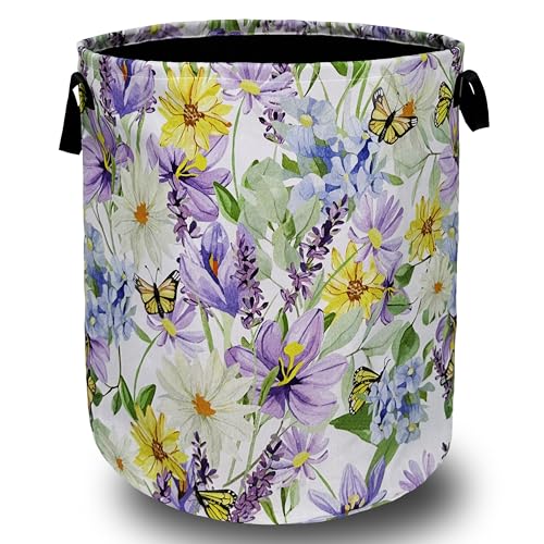 Purple Flower Butterfly Laundry Basket Oxford Cloth Hamper 18.9"x16.5" - color: Purple Flower With Yellow Butterfly