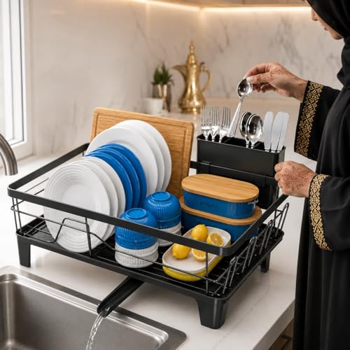 Dish Drying Rack with Drainboard, 360° Rotating Spout for Kitchen Counter