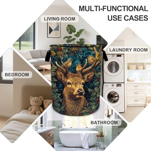 Deer Birds Laundry Basket Foldable Oxford Laundry Hamper With Handle For Room Bathroom Bedroom - color: Deer Birds