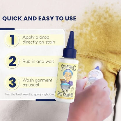 Grandma's Secret Spot Remover for Clothes - Chlorine, Bleach and Toxin-Free - Fabric Stain Remover Removes Oil, Paint, Blood and Pet Stains – 2 Ounce, Pack of 2 - size: 2.00 Fl Oz (Pack of 2), style: Spot Remover