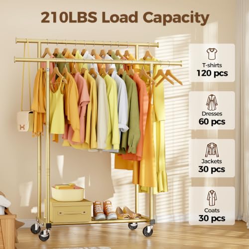 HYSEYY Double Rods Clothes Rack, Light Gold - color: Light Gold