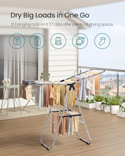 SONGMICS Clothes Drying Rack, Foldable Metal Airer, 17 x 51.2 x 39 Inches - color: Blue, size: 51.2"W x 39"/44.9"H