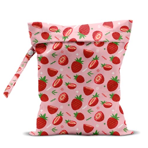 Wet Bag, Wet Dry Bag, Waterproof Swim Bags, Machine Washable Reusable Bags for Beach, Pool, Diapers, and Dirty Yoga Gym Clothes(Pink Background Small Strawberry and Green Leaf Printy - color: Whole & Sliced Strawberry - Pink