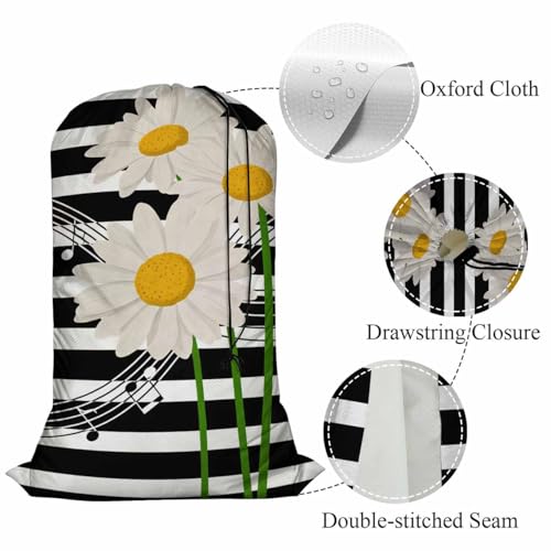 Swono Music Notes Storage Heavy Duty Basket Laundry Bag with Drawstring Daisies On Striped Bouquet Folding Organizer for Travel Washing Machine - color: Music Notes