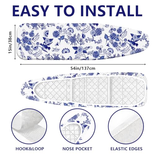 Ironing Board Cover and Pad 15"x54" Thick Standard Size - color: White and Blue Floral