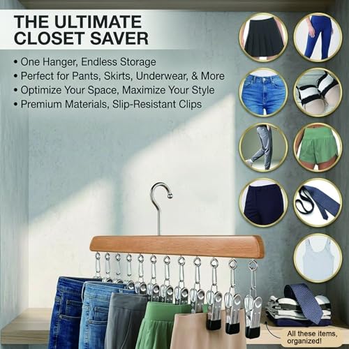Multi-Functional Closet Organizer with 10 Clips, Space Saving Wooden Hanger for Pants, Leggings, Skirts, Scarves, Hats, Tanks, Socks (2Pcs, Wood) - color: Wood