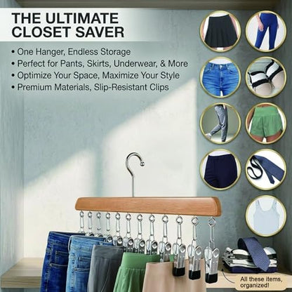 Multi-Functional Closet Organizer with 10 Clips, Space Saving Wooden Hanger for Pants, Leggings, Skirts, Scarves, Hats, Tanks, Socks (2Pcs, Wood) - color: Wood