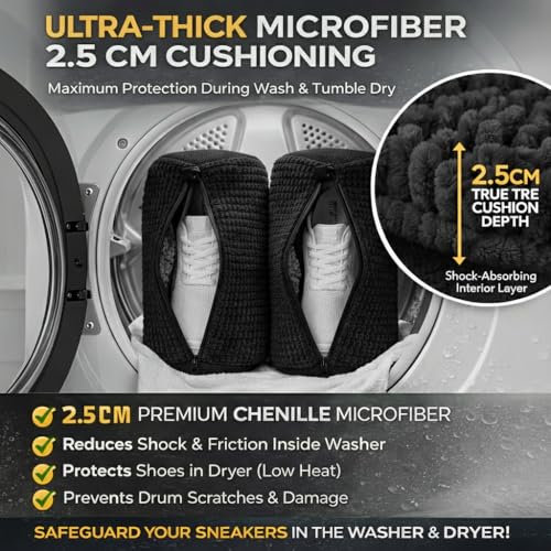 Shoe Washing Machine Bag 2 Pack for Washer & Dryer – Thick Padded Sneaker Laundry Bags with Mesh Panels & Zipper, Protective Shoe Washer Bag for Running & Gym Shoes (Black) - color: Black