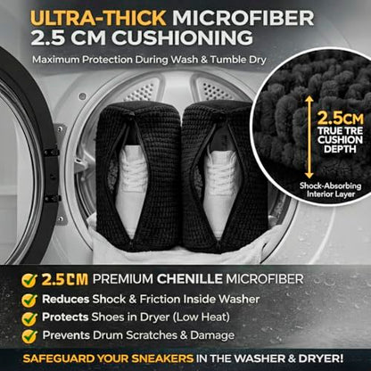 Shoe Washing Machine Bag 2 Pack for Washer & Dryer – Thick Padded Sneaker Laundry Bags with Mesh Panels & Zipper, Protective Shoe Washer Bag for Running & Gym Shoes (Black) - color: Black