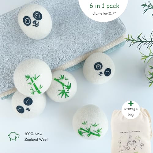 Wool Dryer Balls Laundry Reusable, 100% Natural New Zealand Wool Balls for Dryer, 6 in 1 Pack (Panda)