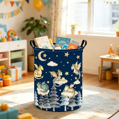 Round Dragon Print Waterproof Foldable Household Laundry Hamper - color: Round Cute Dragon