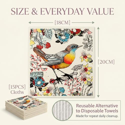 Kitchen Towels Swedish Dishcloths - 6 Count Reusable Paper Towels Washable, Cellulose Sponge Dish Towels for Kitchen Cleaning, Ultra Absorbent Odor Free Eco Friendly Biodegradable Cleaning Rags - color: Flower and Bird Series