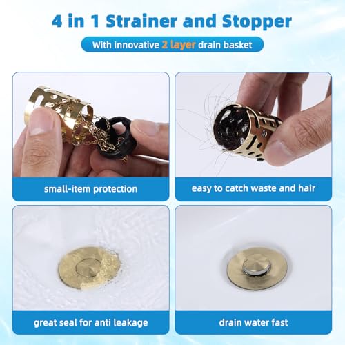 Universal Bathroom Sink Drain Stopper Hair Catcher, Brushed Gold - color: Brushed Gold Finish