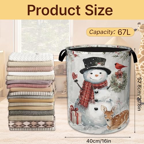 Christmas Snowman Collapsible Laundry Hamper with Handles,Cardinal Deer Winter Oxford Cloth Laundry Basket,Storage Organizer for Bathroom Bedroom Laundry Room - color: Christmas Snowman,Cardinal Deer Winter