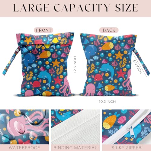 Wet Bag, Wet Dry Bag, Waterproof Swim Bags, Machine Washable Reusable Bags for Beach, Pool, Diapers, and Dirty Yoga Gym Clothes(Cute Ocean Creatures All Over Print - color: Rainbow Ocean Party