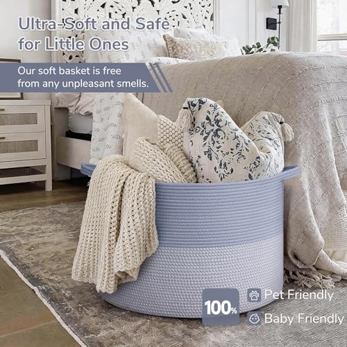 INDRESSME 115L Extra Large Woven Rope Blanket Basket Living Room Blue - color: Blue & White, size: 23.6"D x 15.7"H
