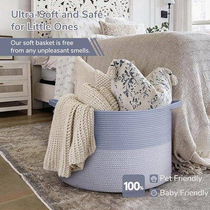 INDRESSME 115L Extra Large Woven Rope Blanket Basket Living Room Blue - color: Blue & White, size: 23.6"D x 15.7"H
