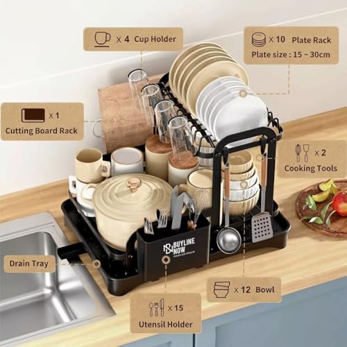 2 tier dish drying rack large capacity – space-saving kitchen organizer with utensil holder & cup rack – fast draining system for countertop use – ideal for families – two tier dish drying rack