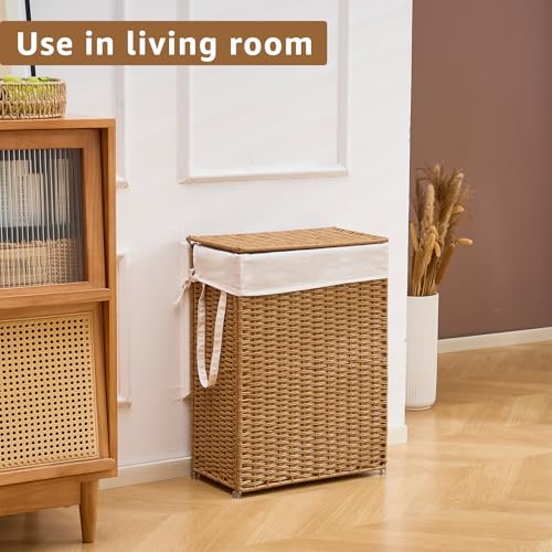 Slim Laundry Hamper with Lid, Handwoven Natural Water Hyacinth Basket - color: Brown, size: 65L