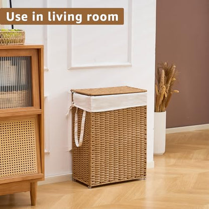 Slim Laundry Hamper with Lid, Handwoven Natural Water Hyacinth Basket - color: Brown, size: 65L