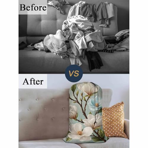 Swono White Flower Laundry Bags With Drawstring XL Travel Storage Bags 28"x40", Heavy Duty Multi Use, Green Leaf Buds Petal Botany Branch Blossom Washable Dirty Clothes Organizer, Easy Fits Laundry - color: White Flower