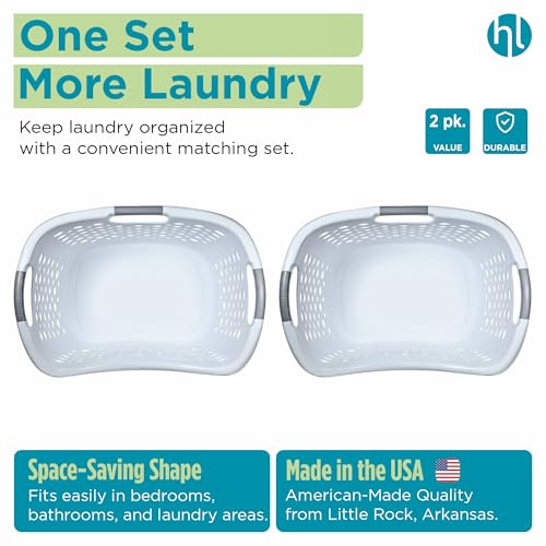 Home Logic 1.75 Bushel Plastic Laundry Basket with Hip Grip, Large Laundry Hamper with Handles, Ventilated Clothes Organizer for Bedroom Bathroom Closet, 2 Pack, White - size: 1.75 Bushel