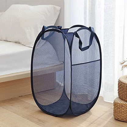 2 Laundry Baskets, pop-up Laundry Baskets, Foldable mesh Laundry Baskets (Each with 2 Reinforced Handles)…, Blue - color: 2 Black + Blue