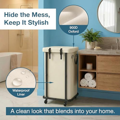 150L Laundry Basket with Wheels and Lid, Large Rolling Laundry Hamper with Removable Divider, Double Compartment Clothes Hamper, Metal Frame, White
