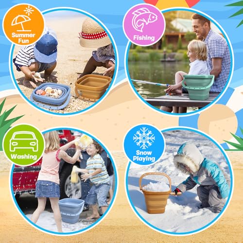 Dilabnba 3-Pack Collapsible Beach Buckets with Mesh Bag, Silicone Sand Water Pails for Kids, Easter Buckets, Portable Beach Toys for Travel, Camping, Fishing, Summer Fun - style: Square
