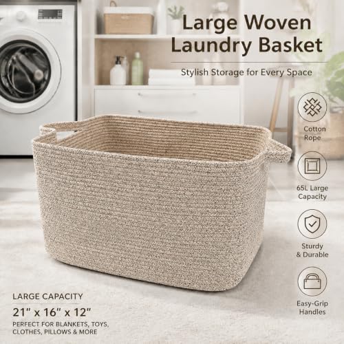 65L Large Laundry Basket with Handles,Woven Blanket Basket,Brown - color: Brown, size: 65L