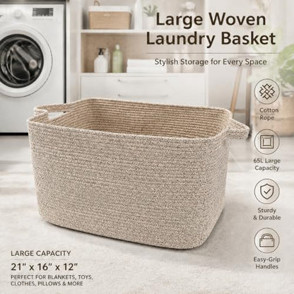 65L Large Laundry Basket with Handles,Woven Blanket Basket,Brown - color: Brown, size: 65L