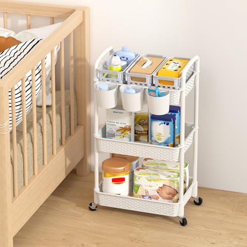 MOYIPIN 3-Tier Plastic Rolling Utility Cart with Handle,White - color: White, size: 3-Tiers with cups