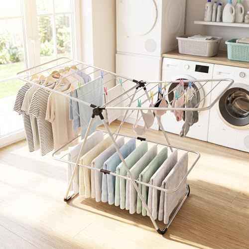 Tangkula Clothes Drying Rack Foldable, 2-Level Heavy-Duty Aluminum Laundry Drying Rack Collapsible with Height-Adjustable Wings, Space-Saving Freestanding Airer Clothing Dryer Stand for Indoor Outdoor - color: Silver, size: 24"D x 56"W x 50"H