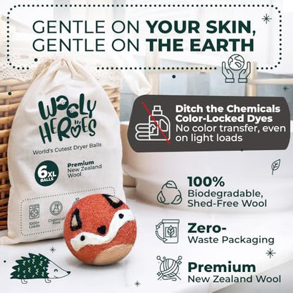 Chemical Free & Baby Safe! Reusable Wool Dryer Balls XL 6-Pack - Reduces Static, Cuts Dry Time, & Softens Naturally - color: Fox & Friends