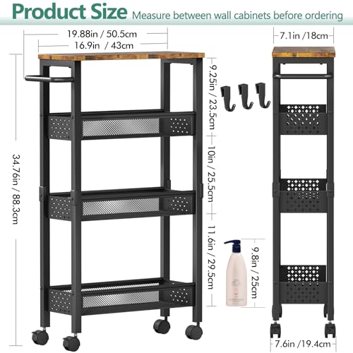 Vivihomety 4-Tier Slim Utility Rolling Laundry Cart with Wheels, Metal - color: Black, size: 7.1 inch wide