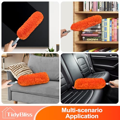 TidyBliss Microfiber Duster for Cleaning, Washable & Reusable Handheld Dust Cleaner Tool, Lint-Free Dusting Wand for Home, Office, Car, Furniture, Blinds, Keyboard, Cobweb Removal (Orange)