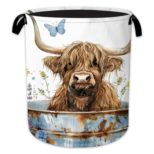 Highland Cow Laundry Hamper, Wildflowers Laundry Baskets, Waterproof Oxford Cloth for Room/Bathroom/Bedroom/Dormitories 16x20.8 Inch - color: Highland Cow