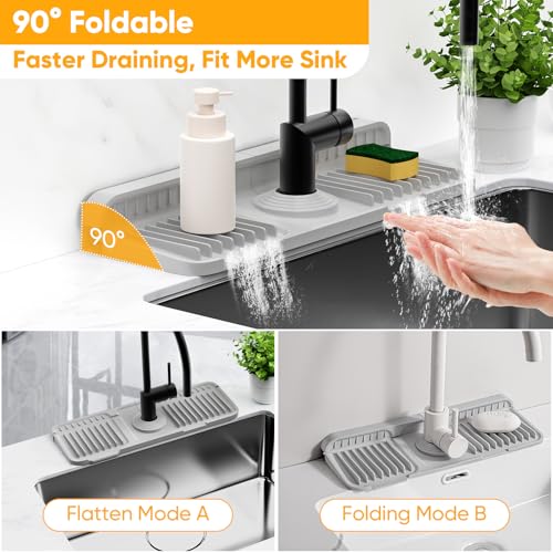 14.6 inch Faucet Mat for Kitchen Sink Splash Guard[7° Slope Fast Self-draining][Snap Lock Fit] Kitchen Sink Area Water Splash Guard Behind Faucet Draining Mat - color: Light Gray, size: 14.6" x 5.5"