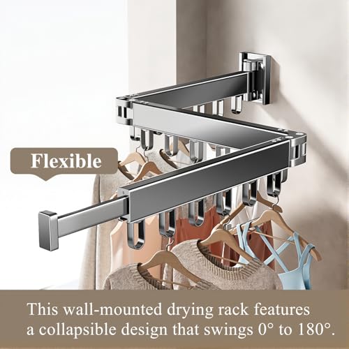 Wall Mounted Foldable Clothes Drying Rack with 18 Hooks, No-Drill, Black - color: Black