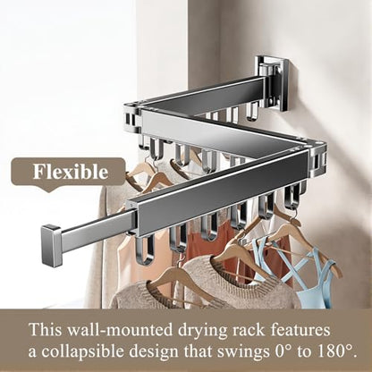 Wall Mounted Foldable Clothes Drying Rack with 18 Hooks, No-Drill, Black - color: Black