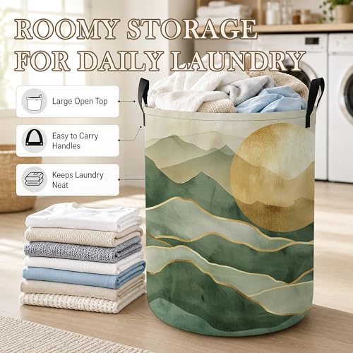 Laundry Hamper, Green Mountains Collapsible Golden Sun Laundry Baskets Waterproof Oxford Cloth With Handles, Clothes Storage Bucket For Bathroom/Bedroom 16" x 20.8" - color: Green Mountains