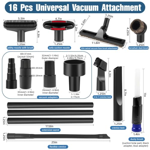 SEVNX Universal Vacuum Attachments Kits for Shop Vac, 2 1/2" to 1 1/4" Vacuum Adapter, 1 7/8" to 1" Hose Adapter Dust Brush Flexible Crevice Extension Wand Tool for Shop Vac Accessories(16 PCS) - color: 16 PCS