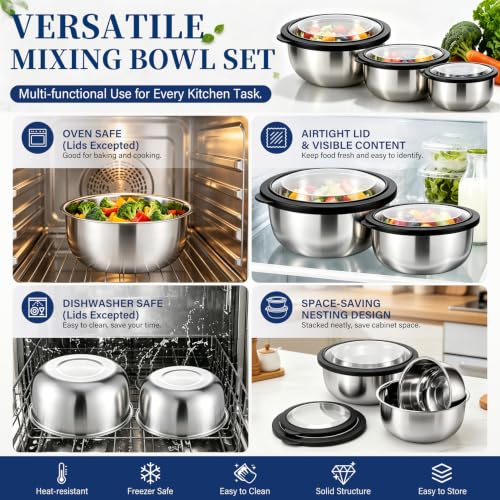 P&P CHEF Mixing Bowls with Lids Set of 3, Black Stainless Steel Salad Bowl - color: Black
