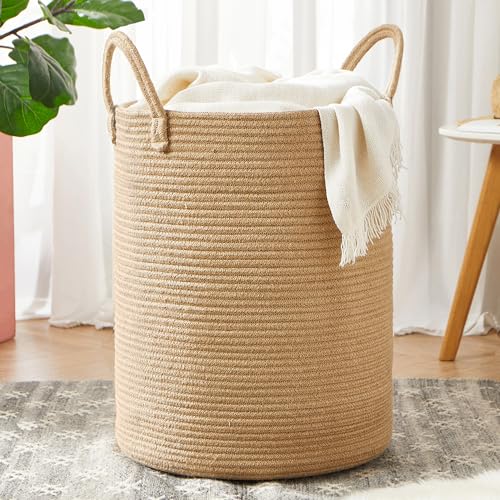 60L Jute Woven Rope Laundry Basket Tall Wicker Hamper for Clothes - color: Jute, size: Large (60L)