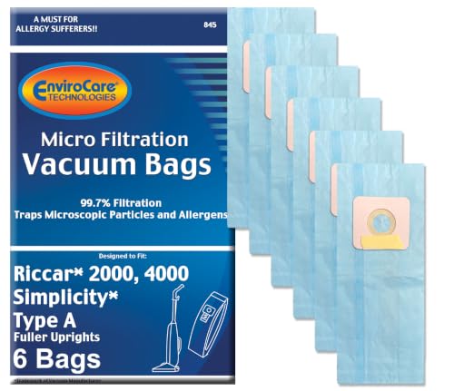 EnviroCare Replacement Micro Filtration Vacuum Cleaner Dust Bags Made to fit Riccar 2000, 4000 and Vibrance Series. Simplicity 5000, 6000 and Symmetry Type A 6 pack