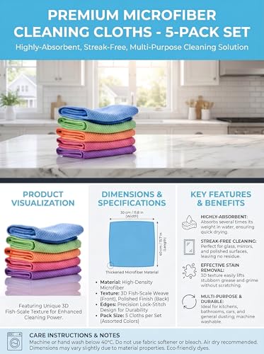 5 Pack Fish Scale Cleaning Cloths, Lint Free Microfiber Polishing Towels
